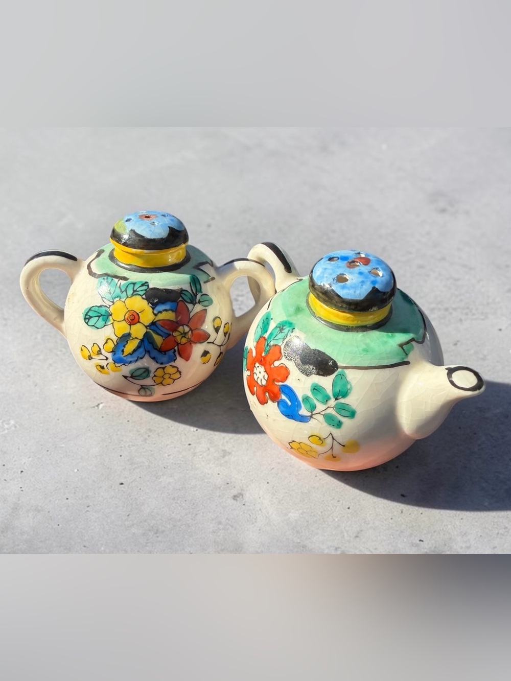 Vintage Teapot Salt and Pepper Shakers with Tray: Hand-Painted Floral, 1920s Jap